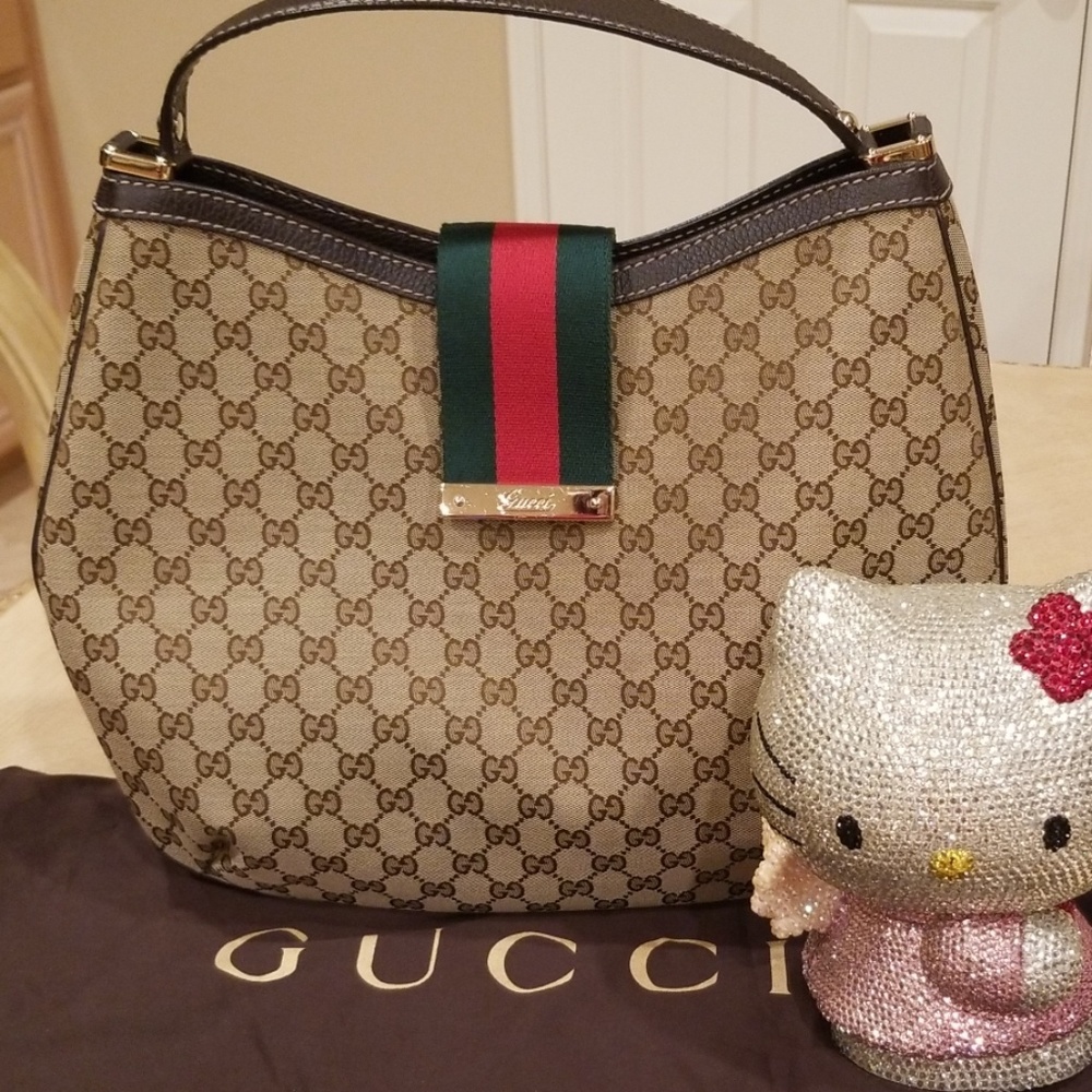 Gucci Beige GG Canvas Hobo with Green and Red Web Stripe and Brown Trim